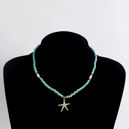 Vista 3 de Collar de concha de mar, chapado en oro, collar bohemio de perlas de imitación de playa para mujer, collar de perlas de imitación de playa