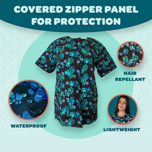 Vista 4 de Ladybird Line 701 Blue Paw Print - Bata impermeable para el aseo de perros con bolsillos, resistente al pelo y a la lejía, panel de cremallera