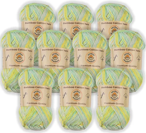 Vista 36 de Paquete de 10 unidades de hilo de 500 gramos de Yonkey Monkey - 70 % rayón derivado del bambú, 30 % algodón - Importado - Verde militar 9059