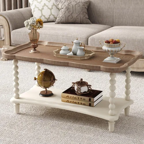 Vista 3 de Function Home - Mesa de centro de granja, mesa rústica blanca de estilo francés con estante de almacenamiento, mesas de centro de madera para sala