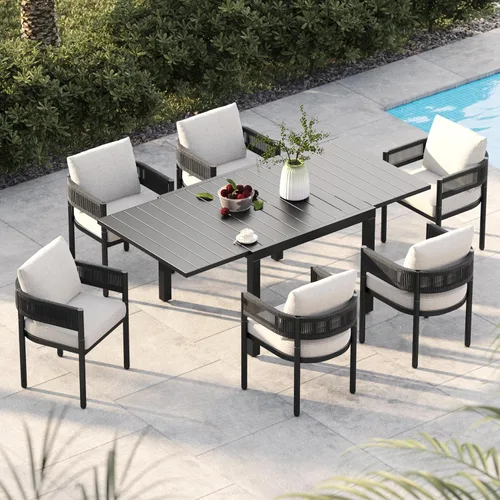 Vista 17 de Juego de comedor al aire libre Grand Patio de 5 piezas para 4, sillas de patio fijas de mimbre tejido metálico con cojines engrosados y 1 mesa