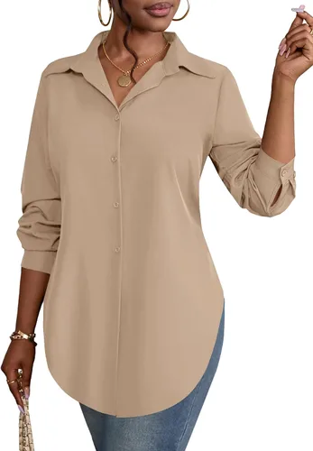 Vista 21 de Rooscier Blusa larga con cuello en V para mujer, manga larga, abertura lateral, con botones