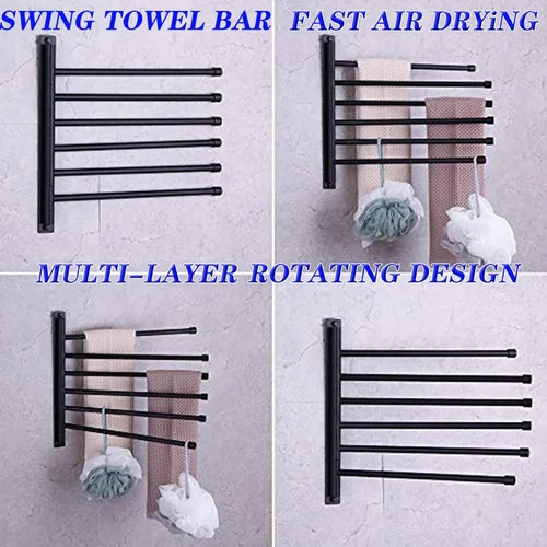 Vista 2 de GERZWY - Toallero de baño con brazo giratorio montado en la pared, con 6 brazos, organizador para toallas, acero inoxidable SUS 304, acabado negro