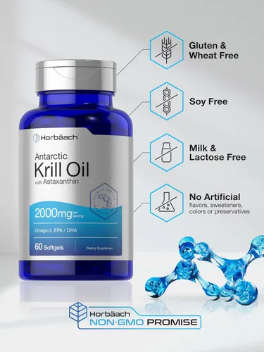 Vista 10 de Horbäach Aceite de Krill Antártico 2000mg 60 cápsulas de cápsulas blandas Suplemento Omega-3, EPA, DHA con astaxantina Sin OMG, sin gluten
