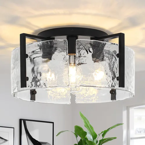 Vista 14 de Lámpara de techo semiempotrada moderna negra de 15 pulgadas, accesorios de iluminación de pasillo, 3 luces de techo de vidrio para entrada, isla