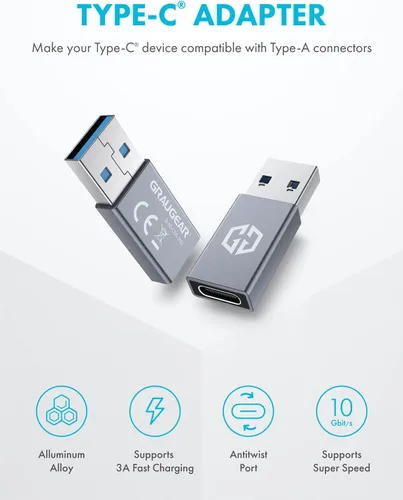 Vista 7 de GRAUGEAR Adaptador USB-C, transferencia de datos de doble cara de 10 Gbps, carga rápida de 3 A, adaptador USB C hembra a USB A macho 3.2, compatible