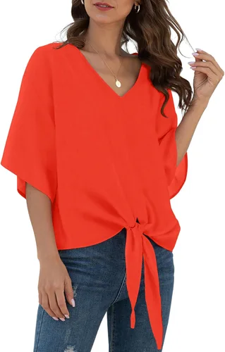 Vista 23 de VIISHOW Womens Tie Front Chiffon Blouses V Neck Batwing Short Sleeve Summer Tops Shirts Albaricoque
