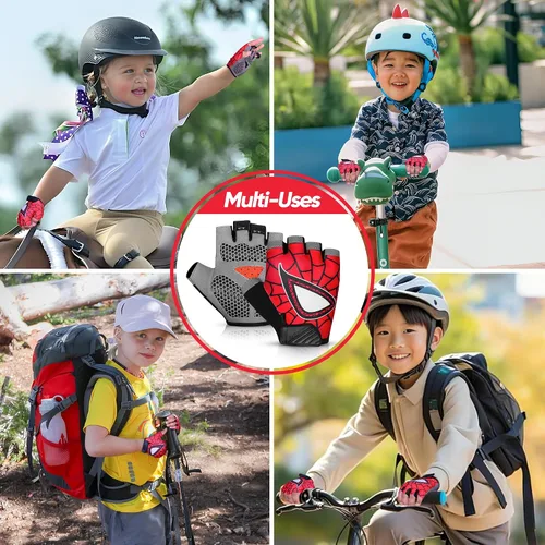 Vista 5 de Guantes de ciclismo de medio dedo para niños, antideslizantes, acolchados, antideslizantes, sin dedos, para niños y niñas, ideales para BMX, MTB