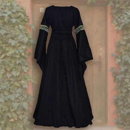 Vista 3 de Vestido medieval para mujer, disfraces renacentistas vintage, vestidos de pirata, campesina, longitud hasta el suelo, vestidos largos de Halloween