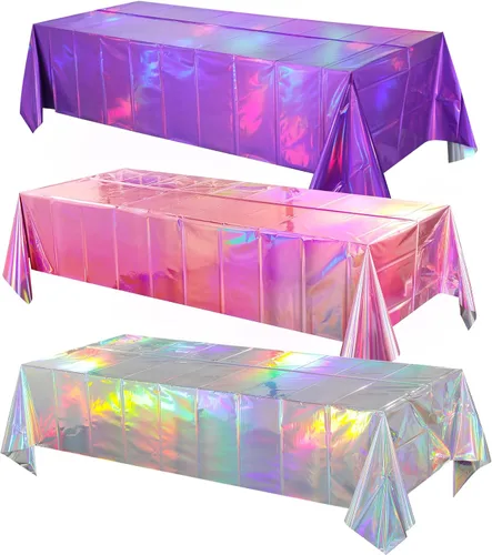 Vista 30 de Paquete de 3 manteles de plástico negro iridiscente, manteles rectangulares desechables con láser, mantel de lámina holográfica para Halloween