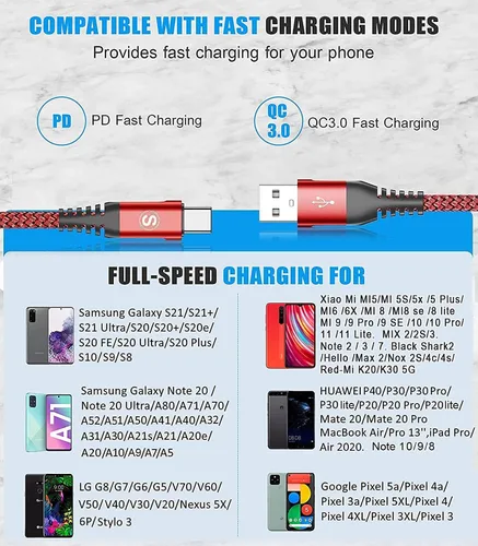 Vista 7 de sweguard Cable USB tipo C de 3.1 A de carga rápida [2 unidades, 3.3 pies + 3.3 pies], cargador USB-A a USB-C, cable trenzado de nailon para Samsung