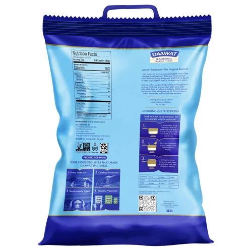 Vista 2 de Arroz blanco basmati tradicional Daawat - Arroz basmati auténtico de grano extra largo - Bolsa de 10 libras