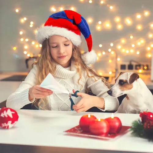Vista 5 de LOMIMOS Sombrero de Papá Noel de Navidad, sombrero de felpa de terciopelo azul y rojo para adultos, decoración del hogar, suministros de fiesta