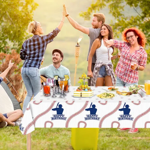Vista 6 de Paquete de 2 manteles de béisbol de plástico de 54 x 108 pulgadas, decoraciones de fiesta de béisbol, mantel desechable rectangular para mesa