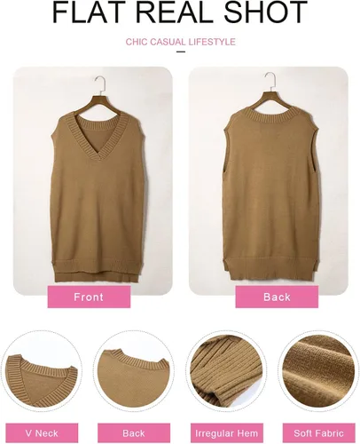 Vista 4 de EVLAESS - Chaleco de gran tamaño para mujer, cuello en V, sin mangas, color sólido, suéter suelto