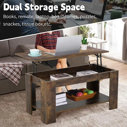 Vista 6 de Mesa de centro elevable con compartimento oculto y almacenamiento, mesas de centro elevables de madera moderna para sala de estar y sala