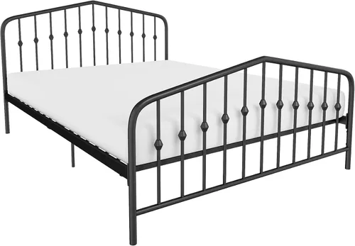 Vista 15 de Novogratz Bushwick - Marco de cama Queen de metal con cabecera ligeramente triangular, husillos insertados, base ajustable para almacenamiento,