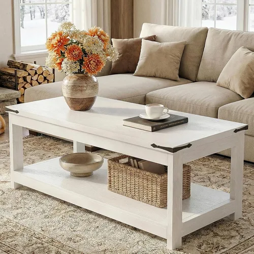 Vista 8 de Homieasy Mesa auxiliar rectangular de 43.3 pulgadas con estante de almacenamiento, mesa central de madera de granja para sala de estar, moderna mesa