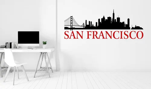 Vista 4 de Calcomanía de pared de silueta de San Francisco, calcomanía de pared de San Francisco, decoración de silueta de ciudad de moda negra, calcomanía