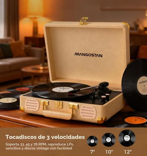Vista 10 de Tocadiscos Bluetooth, tocadiscos portátil de 3 velocidades, dorado