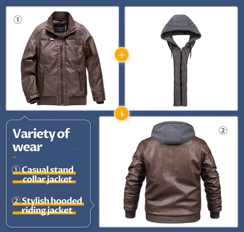 Vista 4 de CREATMO US Chaqueta de piel sintética para hombre, impermeable, resistente al viento, PU con capucha extraíble