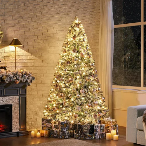 Vista 3 de Yaheetech - Árbol artificial de Navidad de 6 pies con flecos nevados preiluminado con 250 luces blancas cálidas, 820 puntas de ramas exuberantes