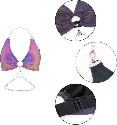 Vista 6 de Testudineus Camiseta sin mangas reflectante para mujer, diseño metálico brillante con cremallera en la espalda, traje de festival y rave