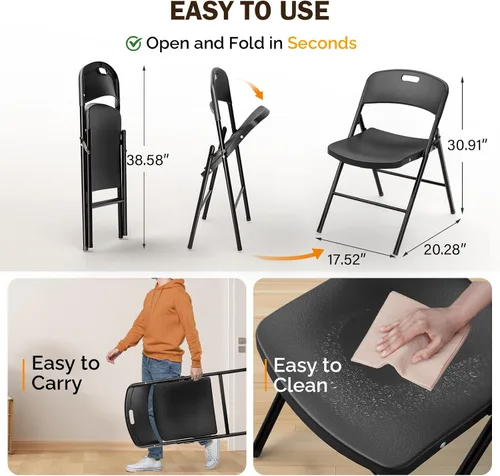 Vista 3 de VINGLI Sillas plegables, silla plegable de plástico, capacidad de hasta 350 libras, asientos portátiles para interiores y exteriores, eventos, Negro