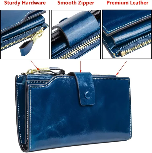 Vista 4 de YALUXE Cartera de piel auténtica para mujer, con bloqueo RFID, tarjetero múltiple con bolsillo para teléfono celular