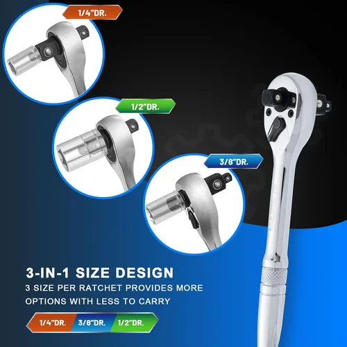 Vista 3 de Mango de trinquete 3 en 1,1/4", 3/8", llave de trinquete de 1/2", interruptor reversible de 72 dientes,Chapado en cromo pulido completo,Acero al