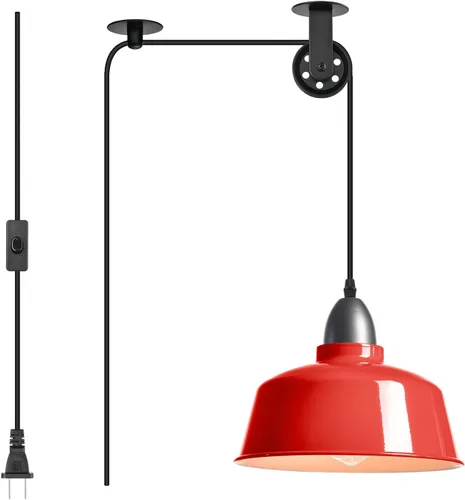 Vista 10 de Lámpara Colgante Enchufable, Luces Colgantes de Granja Verdes con Cable Enchufable, Lámpara Colgante de Polea, Accesorio de Luces Colgantes