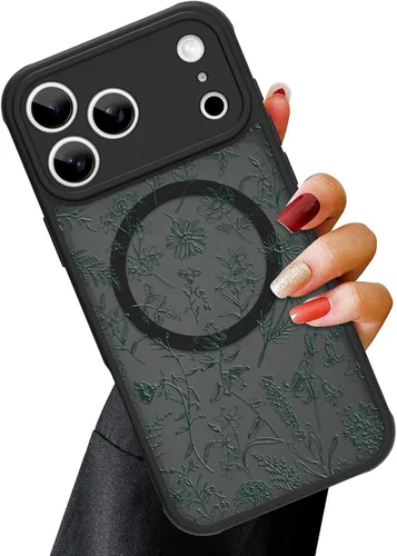 Vista 26 de OOK Funda magnética para iPhone 13 Pro Max [compatible con MagSafe] Funda delgada translúcida mate con flor silvestre negra, protección para lente