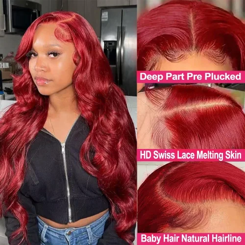 Vista 2 de MUPRETTY Pelucas de cabello humano con encaje frontal color burdeos, densidad del 180 %, peluca de encaje frontal de 13 x 4 pulgadas, con cabello