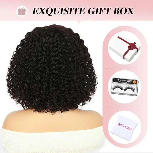 Vista 5 de Peluca de cabello humano corto y rizado con encaje frontal de 13 x 4, sin pegamento, peluca de cabello virgen brasileño rizado HD transparente