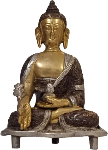 Vista 7 de Purpledip Latón Ídolo Reina Maya de Sakya, Madre de Gautam Buda: Estatua Vintage Acabado Oro (12155)