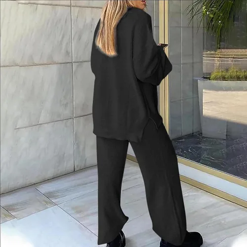 Vista 7 de jovati Women 2 Piece Sets Outfits Casual Long Sleeve Solid Color Tops With High Waist Pants Loose Fit Solid Pajama Sets