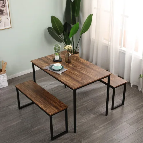 Vista 2 de SDHYL Juego de mesa de comedor de 45 pulgadas con 2 bancos, juego de mesa de comedor para 3, mesa de comedor rectangular pequeña de madera con 2