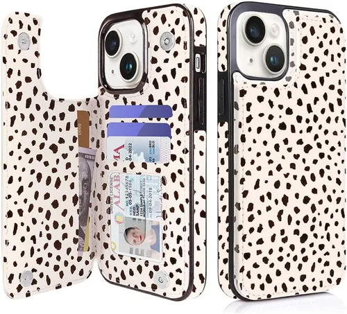 Vista 49 de uCOLOR - Funda tipo cartera para iPhone 15 con tarjetero y diseño de lunares con leche de almendra Bloqueo RFID de piel sintética para mujeres