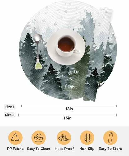 Vista 6 de 2 manteles individuales redondos trenzados, manteles individuales trenzados de Navidad, diseño de copos de nieve, lavables, manteles individuales