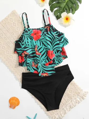 Vista 5 de SHENHE Conjunto de bikini de 2 piezas para niña, diseño floral de cintura alta con volantes