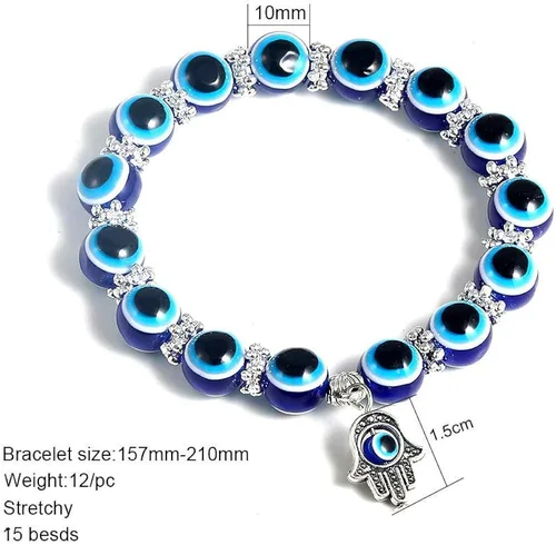 Vista 5 de SUMMER LOVE Pulsera elástica de ojo turco Hamsa con cuentas azules y cuentas para protección y bendición de mano de Fátima