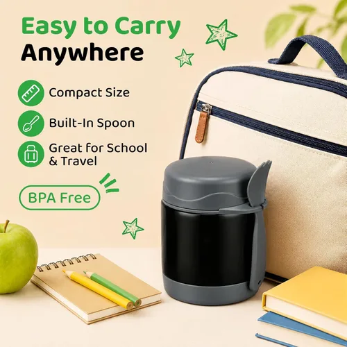 Vista 6 de Termo de sopa de 10 onzas para comida caliente para niños, tarro de comida aislado, contenedor térmico de almuerzo de comida caliente, caja de Negro