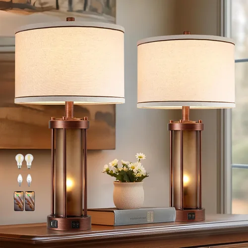 Vista 14 de Lámparas de mesa modernas para sala de estar, lámparas industriales de mesita con 2 puertos USB, lámpara rústica de mesita con luz nocturna