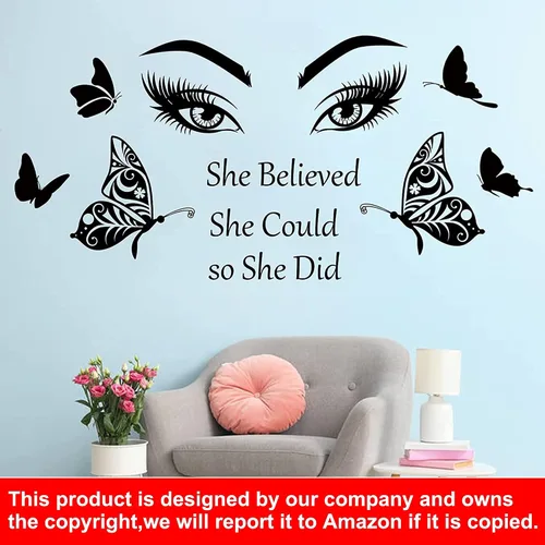 Vista 5 de Calcomanía inspiradora de pared con citas de pestañas, ojos de pared, calcomanías motivacionales de letras de palabras con texto en inglés "She