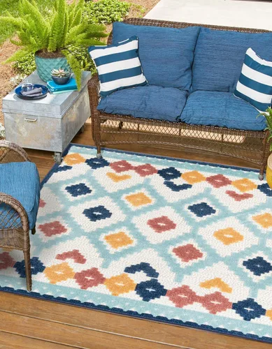 Vista 8 de Unique Loom Belize Outdoor Collection - Alfombra Sarstoon (2 x 8 pies, color marfil/azul claro)