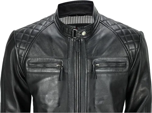 Vista 3 de Chaqueta de cuero vintage con hombros acolchados, estilo retro, clásico, con diamantes desgastados, para motocicleta, Cafe Racer