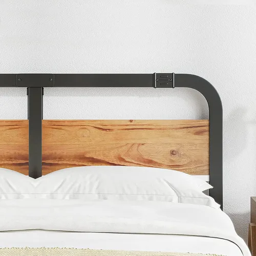 Vista 5 de Base de cama de metal de tamaño matrimonial con cabecera de madera maciza, plataforma de cama de estilo rústico, soporte de listones de acero