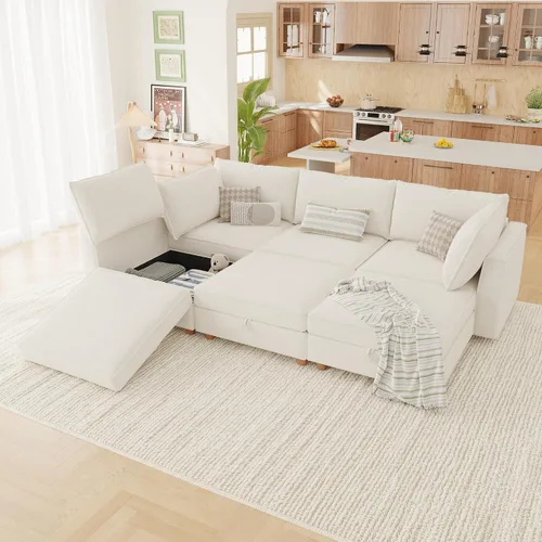 Vista 32 de 95.5" Sofá seccional modular de chenilla con almacenamiento oculto, sofá cama convertible en forma de L y U, sofá seccional moderno de 6 plazas