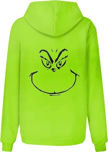 Vista 5 de Suéteres navideños para mujer, suéter feo de Navidad para mujer, estampado verde, manga larga, raglán, sudaderas con capucha para adultos