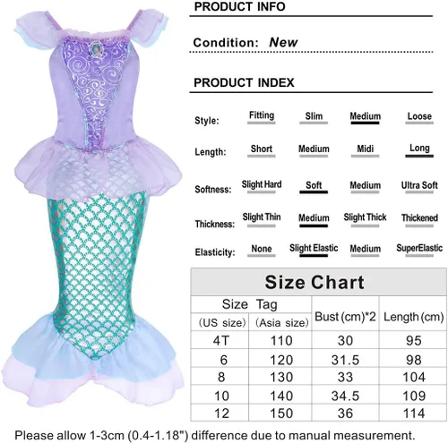 Vista 3 de Jurebecia Princess Mermaid Costume for Girls Halloween Dress up Kids Mermaid Dress Birthday Party Outfit Cosplay Role Play